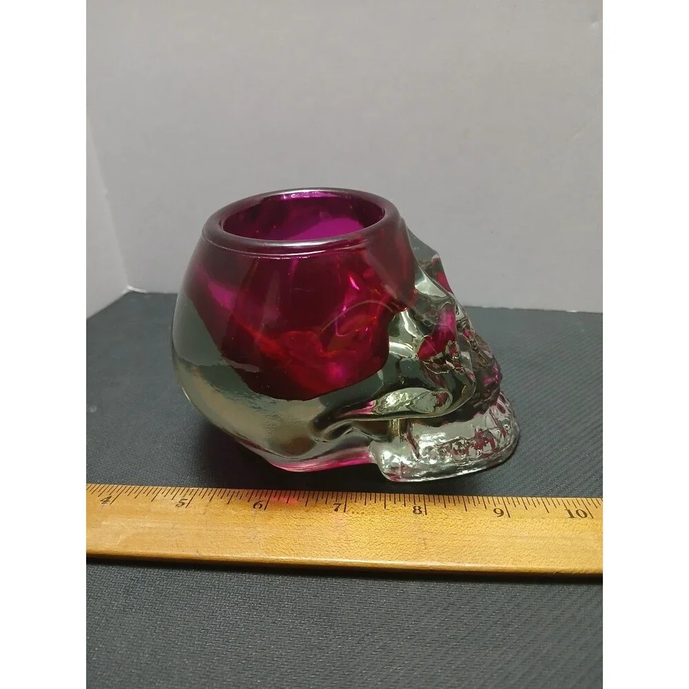 Pink Glass Skull Tealight Holder Vintage Heavy Halloween Votive‎ Candle